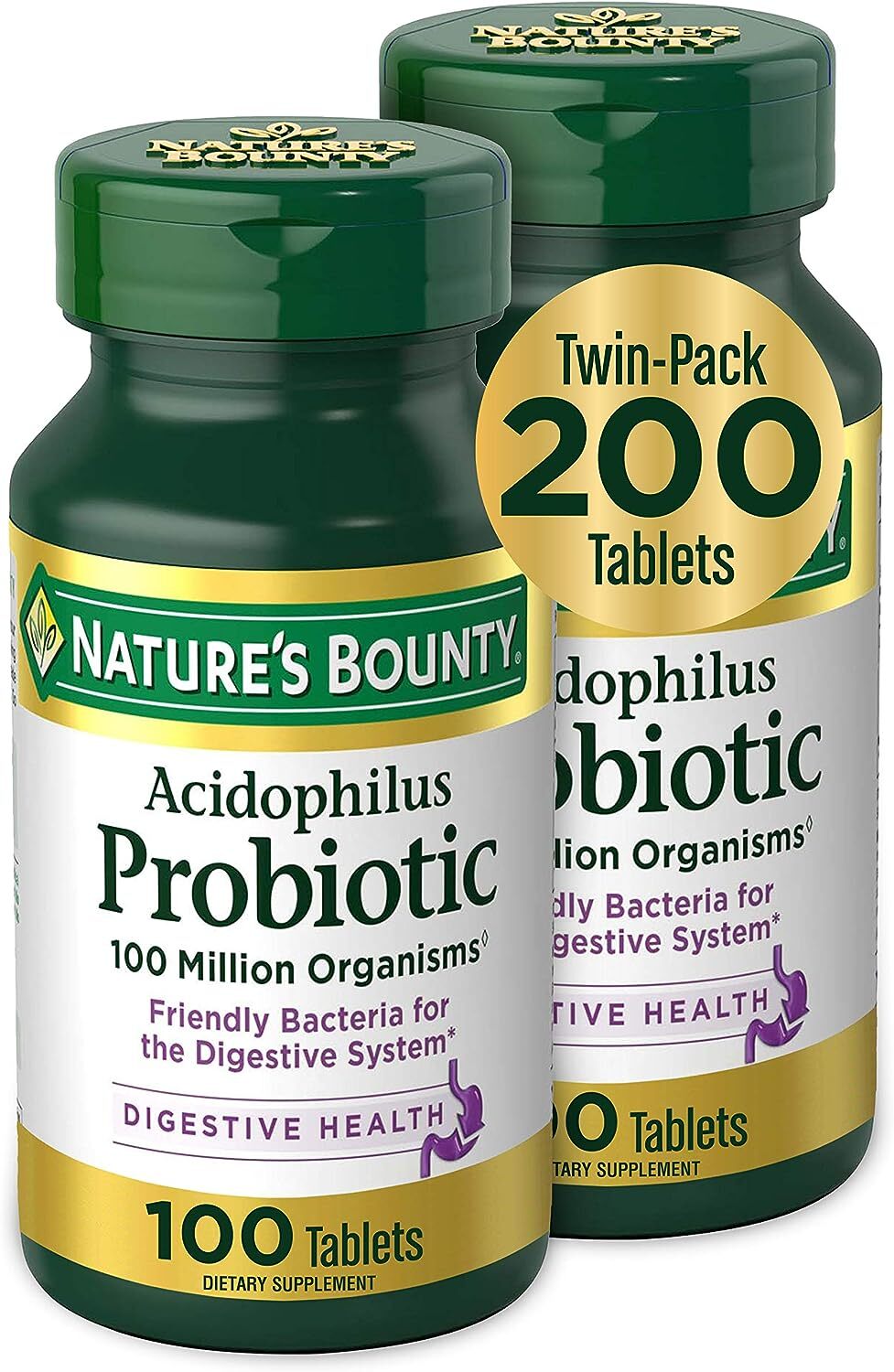 Nature’s Bounty Acidophilus Probiotic, Daily Probiotic Supplement, Supports Digestive Health, Twin Pack, 200 Tablets