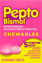 Pepto Bismol Chewable Tablets for Upset Stomach & Diarrhea Relief, Over-the-Counter Medicine, Original Flavor 30 Ct