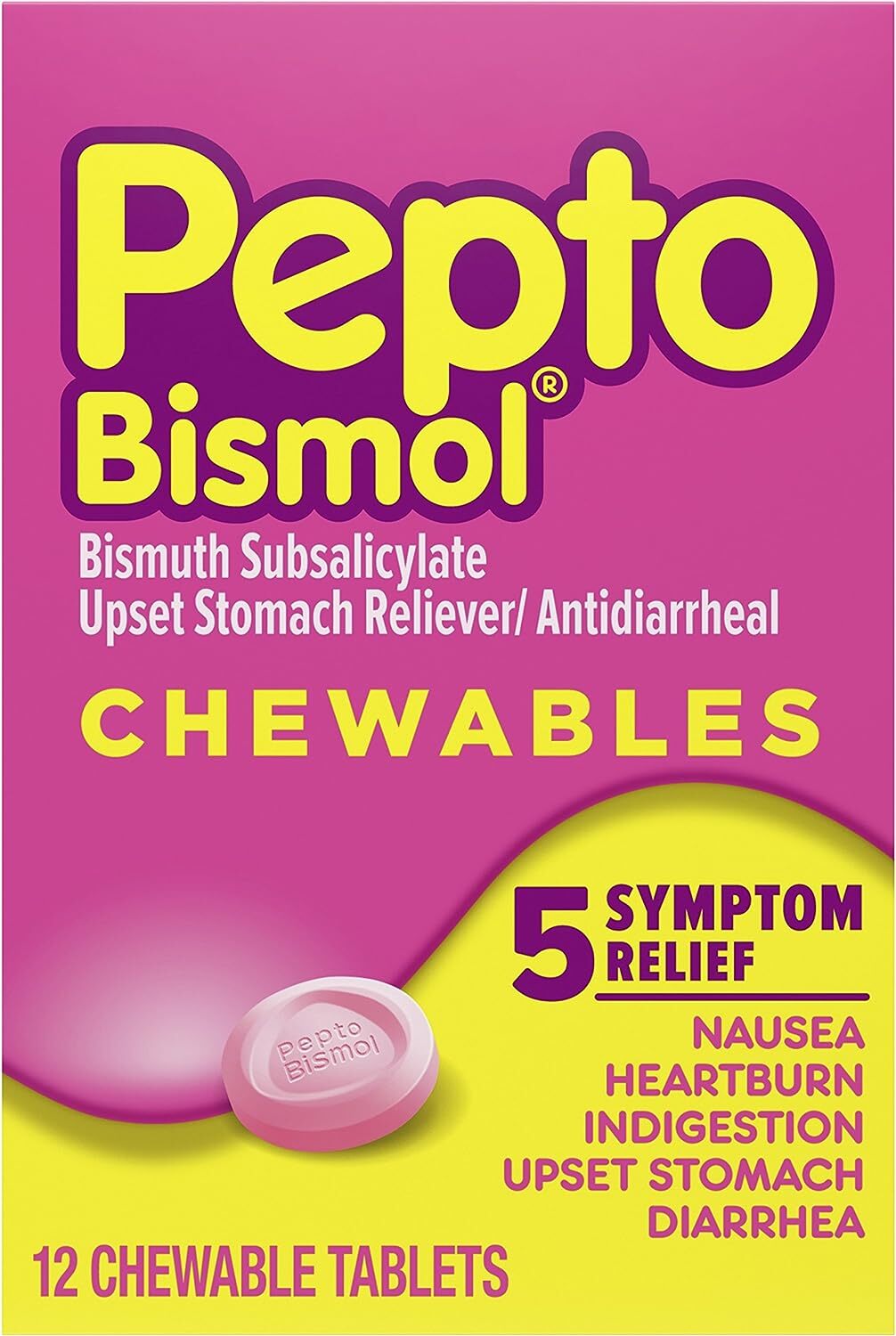 Pepto Bismol Chewable Tablets for Nausea, Heartburn, Indigestion, Upset Stomach, and Diarrhea - 5 Symptom Fast Relief, Original Flavor 12 ct