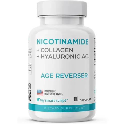 Anti Aging Supplement | Nicotinamide B3, Collagen Peptides & Hyaluronic Acid | Helps Skin Nourishment, Elasticity and Hydration | Flush Free and Cell Repair | One capsule a day - 60 Capsules.