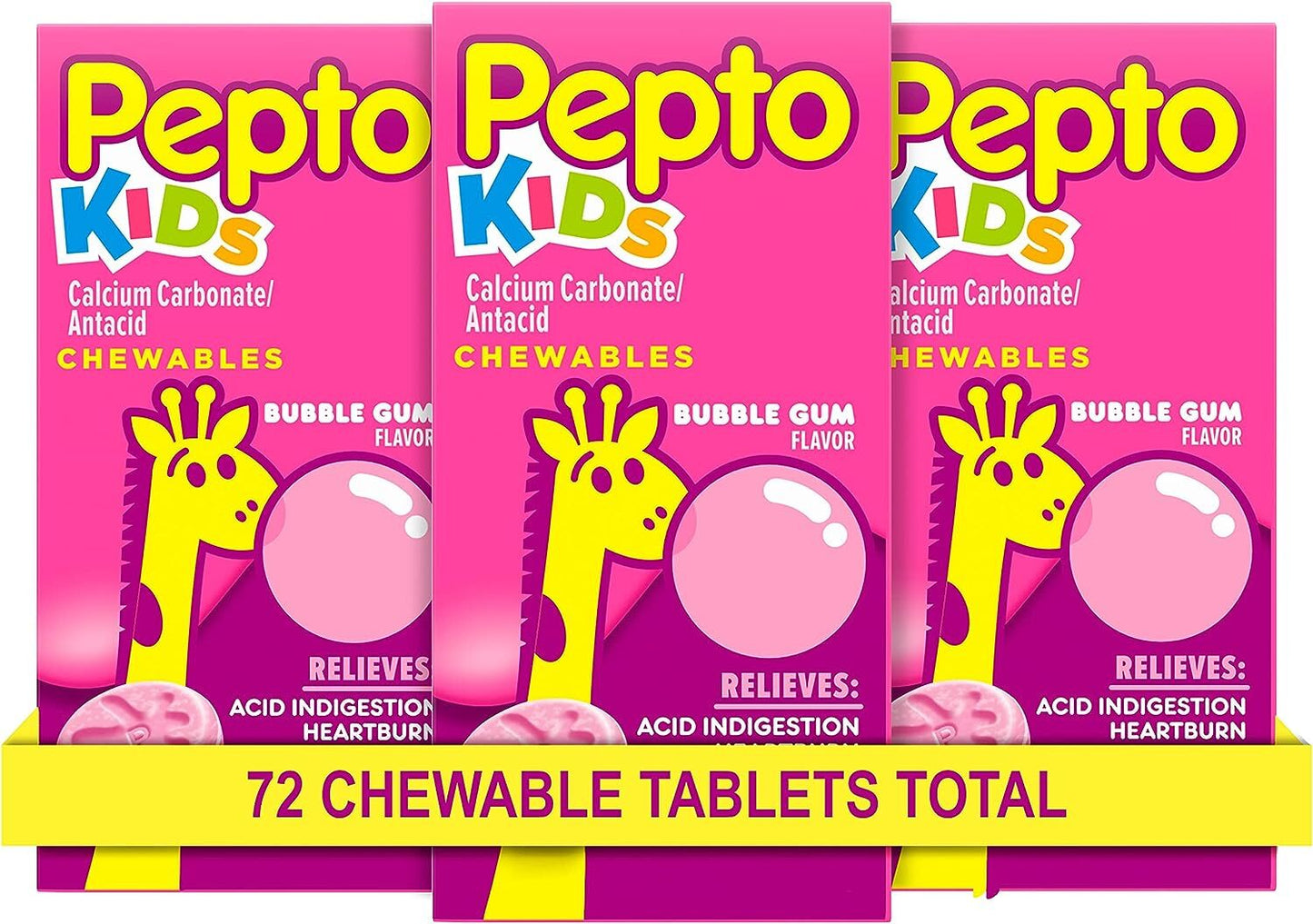 Pepto Bismol Kid's Chewable Tablets for Heartburn, Acid Indigestion, Sour Stomach, and Upset Stomach, Bubblegum Flavor, 24 ct x 3