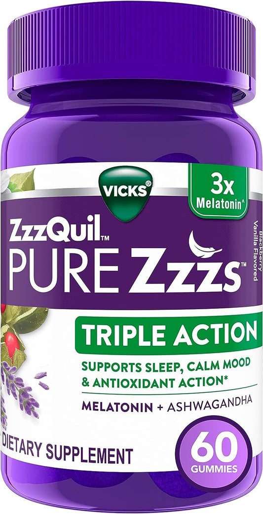 VICKS Triple Action, 6mg Melatonin Gummies, 3X Melatonin Sleep Aid with Ashwagandha, Calm Mood & Antioxidant Action, Sleep Aids for Adults