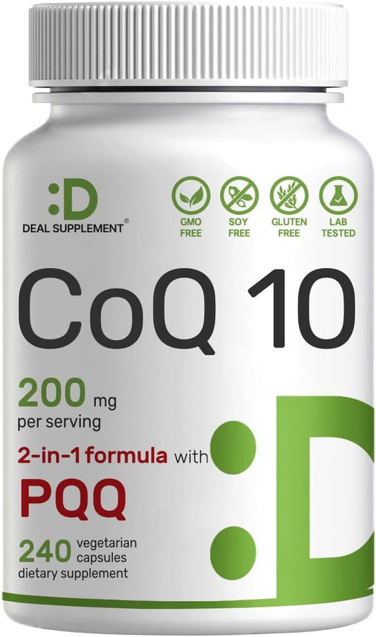 CoQ10 200mg & PQQ 200mcg, 240 Veggie Capsules – 2 in 1 Coenzyme Q10 Supplement for Better Absorption – Antioxidant Support for Energy, Brain, &...