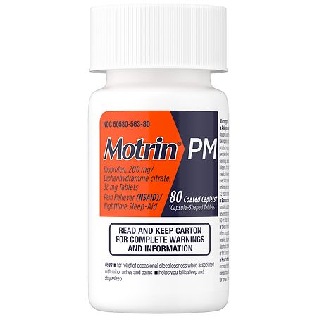 Motrin PM Caplets, 200 mg Ibuprofen & 38 mg Sleep Aid, Nighttime Relief for Minor Pains, 80 ct.