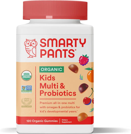 SmartyPants Organic Kids Multivitamin Gummies: Probiotics, Omega 3 (ALA) Three Fruit Flavors, 120 Count