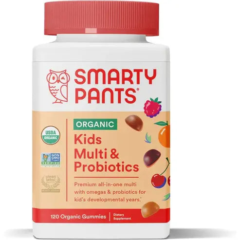 SmartyPants Organic Kids Multivitamin Gummies: Probiotics, Omega 3 (ALA) Three Fruit Flavors, 120 Count