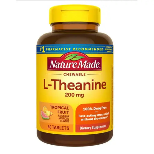 Nature Made Chewable L Theanine 200mg, L-Theanine Supplement for Stress Relief, 50 Chewable Tablets