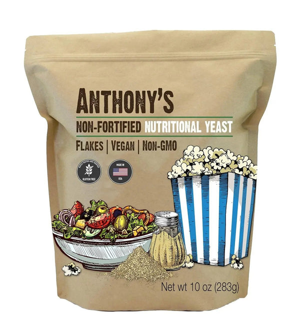 Anthony's Premium Nutritional Yeast Flakes, 10 oz, Non Fortified, Batch Tested Gluten Free, Non GMO Anthony's