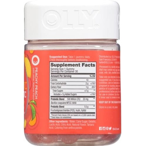 OLLY Probiotic + Prebiotic Gummy, Digestive Support and Gut Health, 500 Million CFUs for Men and Women, Peach, 30 Gummies