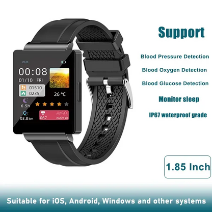 KS01 Non-Invasive Blood Glucose Test Smart Watch Built in NFC Ip67 Waterproof Fitness Blood Pressure Blood Oxygen HRV Sleep Temperature Monitoring Tracking Full Touch Health Tracker for Android & iOS