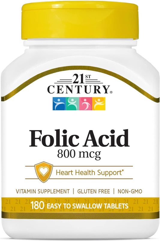 21st Century 800 mcg Folic Acid Tablets, Assorted, 180 Count