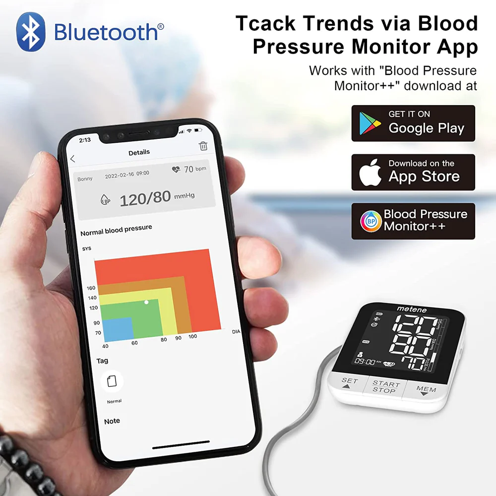 Matene 2022 New Bluetooth Blood Pressure Machine, Smart Wireless Blood Pressure Monitor with Adjustable Large Cuff(8.7-16.5in) and Backlit Display, APP Unlimited Memory for 2 Users and Smart Tracking