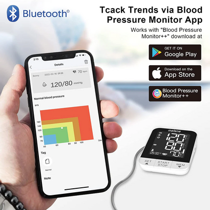 Matene 2022 New Bluetooth Blood Pressure Machine, Smart Wireless Blood Pressure Monitor with Adjustable Large Cuff(8.7-16.5in) and Backlit Display, APP Unlimited Memory for 2 Users and Smart Tracking