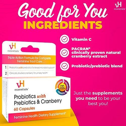 vH essentials Probiotics with Prebiotics and Cranberry Feminine Health Supplement - 60 Capsules VH Essential