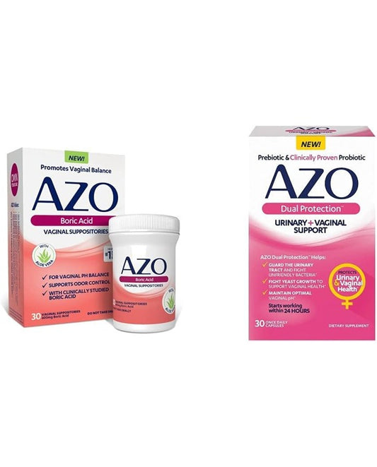 AZO Boric Acid Vaginal Suppositories, 30 Count + AZO Dual Protection, 30 Count, Urinary + Vaginal Support