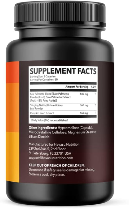Havasu Nut Palmetto Prostate Supplement for Men | Nettle Seed & Pumpkin Seed Oil Capsules for Potent 3X Formula | Ultimate Prostate & Bladder Support for Older Men | 2 Month Supply with 120 Male Pills