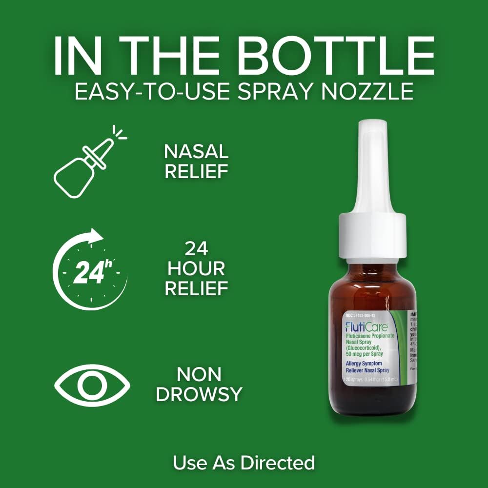 FlutiCare 120 metered nasal sprays, Fluticasone Propionate 50mcg, Relief During Allergy Season from Pollen, Dust, Dander, Both Indoor and Outdoor allergens - 1 month supply (1 Pack)