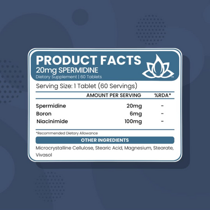 New World Health Pure Spermidine 20mg Supplement - High Potency Fast Absorption - Anti-Aging Fertility and Reproductive Health Support for Men Women - 60 Tablets - Non-GMO, Gluten-Free
