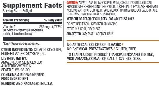 Amazon Elements Vitamin E, 400 IU, 100 Softgels, more than a 3 month supply (Packaging may vary)