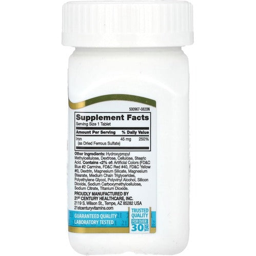 21st Century Slow-Release Iron Supplement, 60 Count, High Potency Iron Tablets with 142 mg Ferrous Sulfate, Gluten Free Iron Supplement for Women & Men, With No Added Yeast or Artificial Flavors