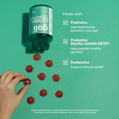 Goli Pre + Post + Probiotics Gummies - 60 Count - World’s First 3-in-1 Gluten-Free, Vegan, Non-GMO, and Gelatin-Free.
