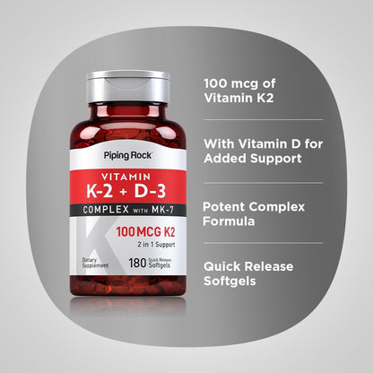 Piping Rock Vitamin K2 MK7 with D3 | 180 Capsules | 800 mcg Complex | Vitamin D3 5000 IU | Non-GMO, Gluten Free