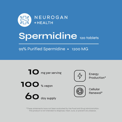 Spermidine Supplement - 10mg - 99% Pure Spermidine - Clinically Tested - 3rd Party Tested - Autophagy Supplement - Made in USA, Metabolic Boost, 120 Vegan Tablets Neurogan Health