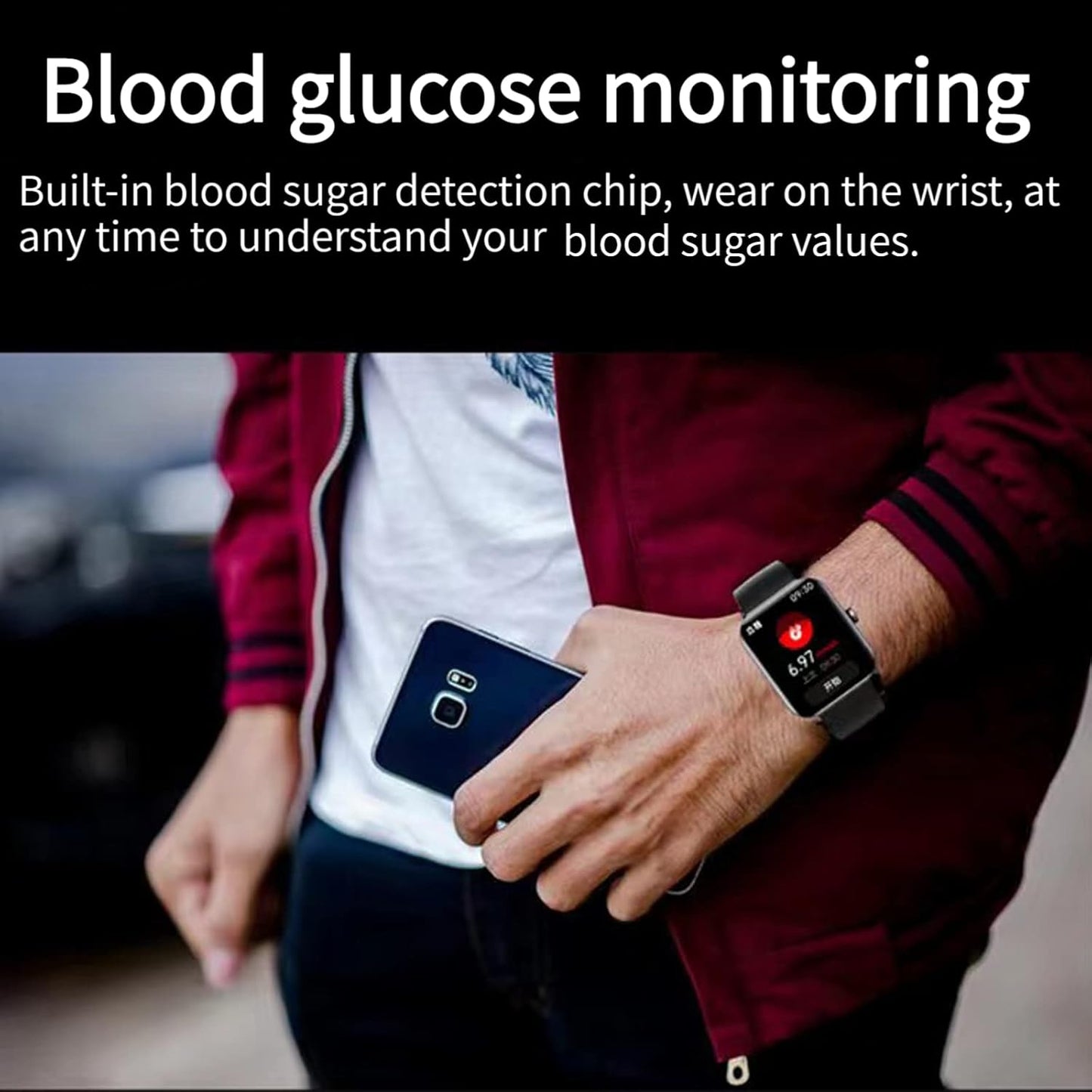 Diabetic Watches, Bluetooth Fashion Smartwatch, F57L Blood Glucose Monitoring Smartwatch Non-invasive Blood Sugar Test Smart Watch, Painless Blood Glucose Testing Fashionable Sports Watch (black)