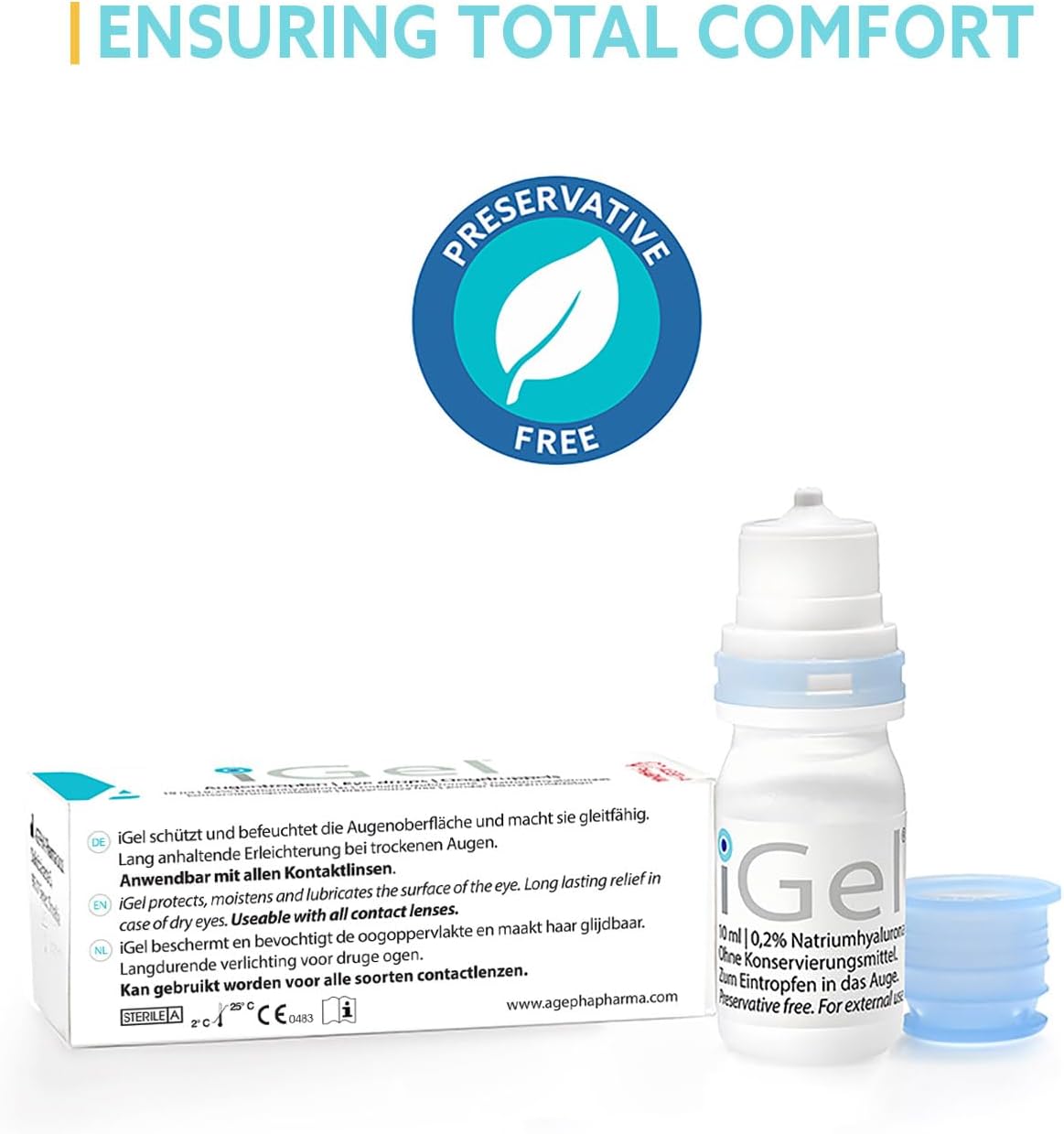 AGEPHA iGel® Moisturizing Eye Drops for Dry Itchy Eyes | Artificial Tears for Red Eyes | Lubricating Eye Drops for Contact Lenses