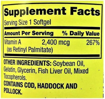 Spring Valley Vitamin A Softgels, 2400 mcg, 250 Count