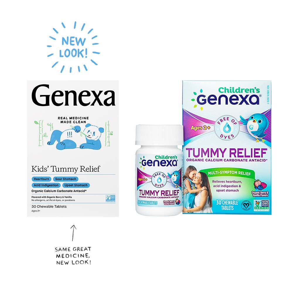 Genexa Kids' Tummy Relief - 30 Antacid Chews - Calcium Carbonate Acid Reducer - Certified Vegan, Gluten Free & Non-GMO