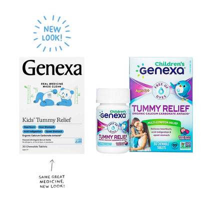 Genexa Kids' Tummy Relief - 30 Antacid Chews - Calcium Carbonate Acid Reducer - Certified Vegan, Gluten Free & Non-GMO