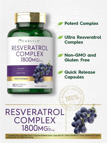 Carlyle Resveratrol Supplement 1800mg | 180 Capsules | Non-GMO & Gluten Free | Potent Complex