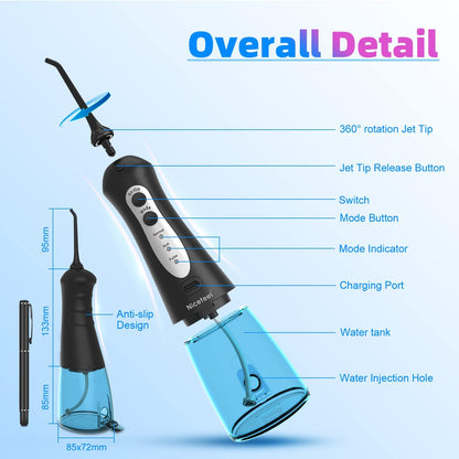 Nicefeel Cordless and Rechargeable Water Flosser - 300ML Water Tank Oral Irrigator, 4 Jet Tips, 3 Pressure Modes - IPX7 Waterproof and Travel Friendly
