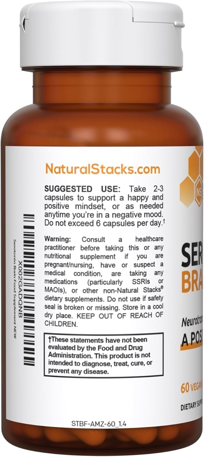 NATURAL STACKS Serotonin w/L Tryptophan & Rholiola - Mood Support & Serotonin Supplement - Promotes Positive Mood, Calmness, Increased Energy - Happy Mood & Brain Support Supplement (60ct)