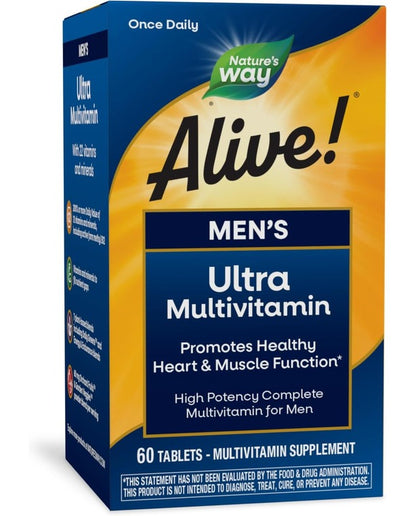 Nature’s Way Alive! Men’s Ultra Potency Complete Multivitamin, High Potency B-Vitamins, Energy Metabolism*, Food-Based Blends, 60 Tablets