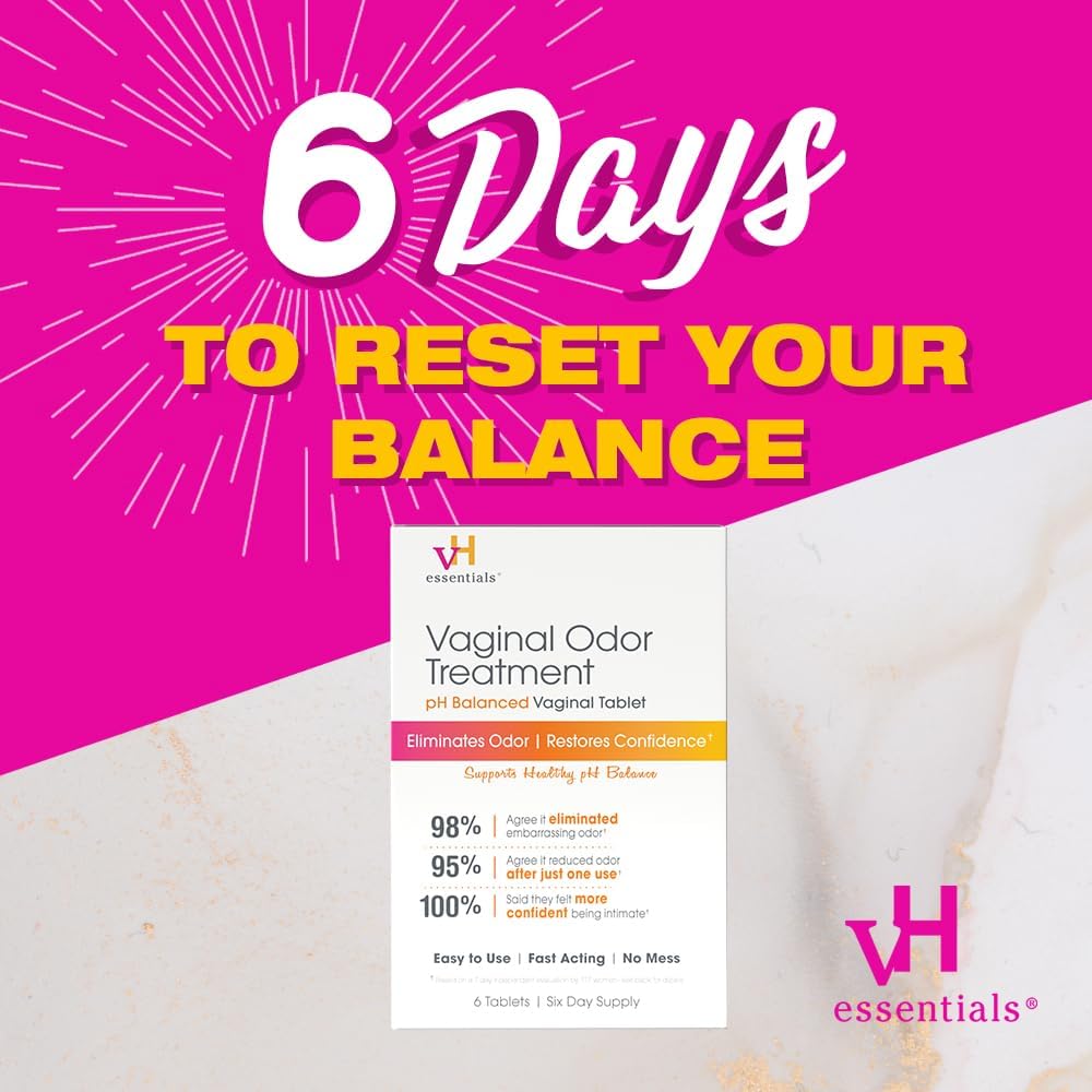 vH essentials Vaginal Odor Treatment - pH Balanced Vaginal Suppositories - 6 Tablets With Applicator