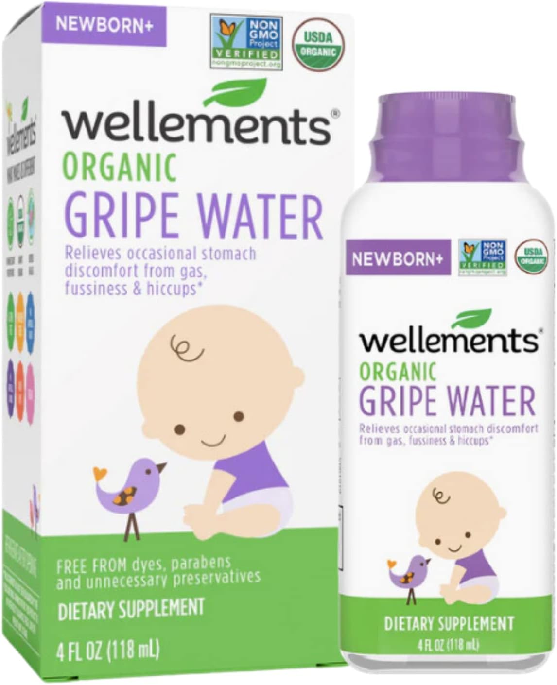 Wellements Organic Gripe Water, 4 Fl Oz, Eases Baby's Stomach Discomfort and Gas, Free from Dyes, Parabens, Preservatives