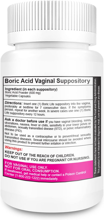 BORIC LIFE Boric Acid Vaginal Suppositories - 100% Pure Made in USA - Boric Life Intimate Health Support (30 Count)