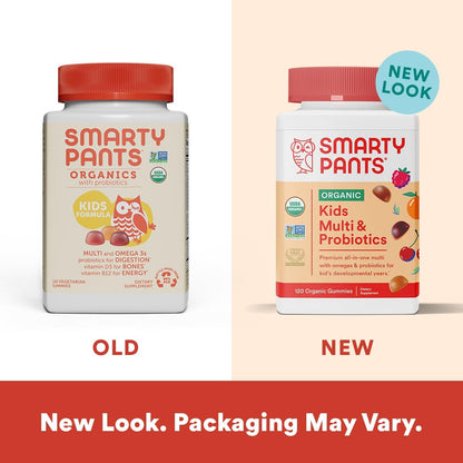 SmartyPants Organic Kids Multivitamin Gummies: Probiotics, Omega 3 (ALA) Three Fruit Flavors, 120 Count