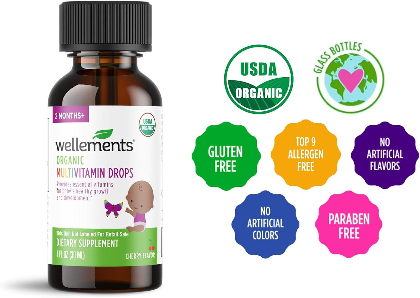Wellements Organic Multivitamin Drops, 1 Fl Oz, Baby Liquid Vitamin Supplement for Infants & Toddlers, Provides Daily dose of Vitamins A,B,C,D & E.* No Artificial Colors or Unnecessary Preservatives