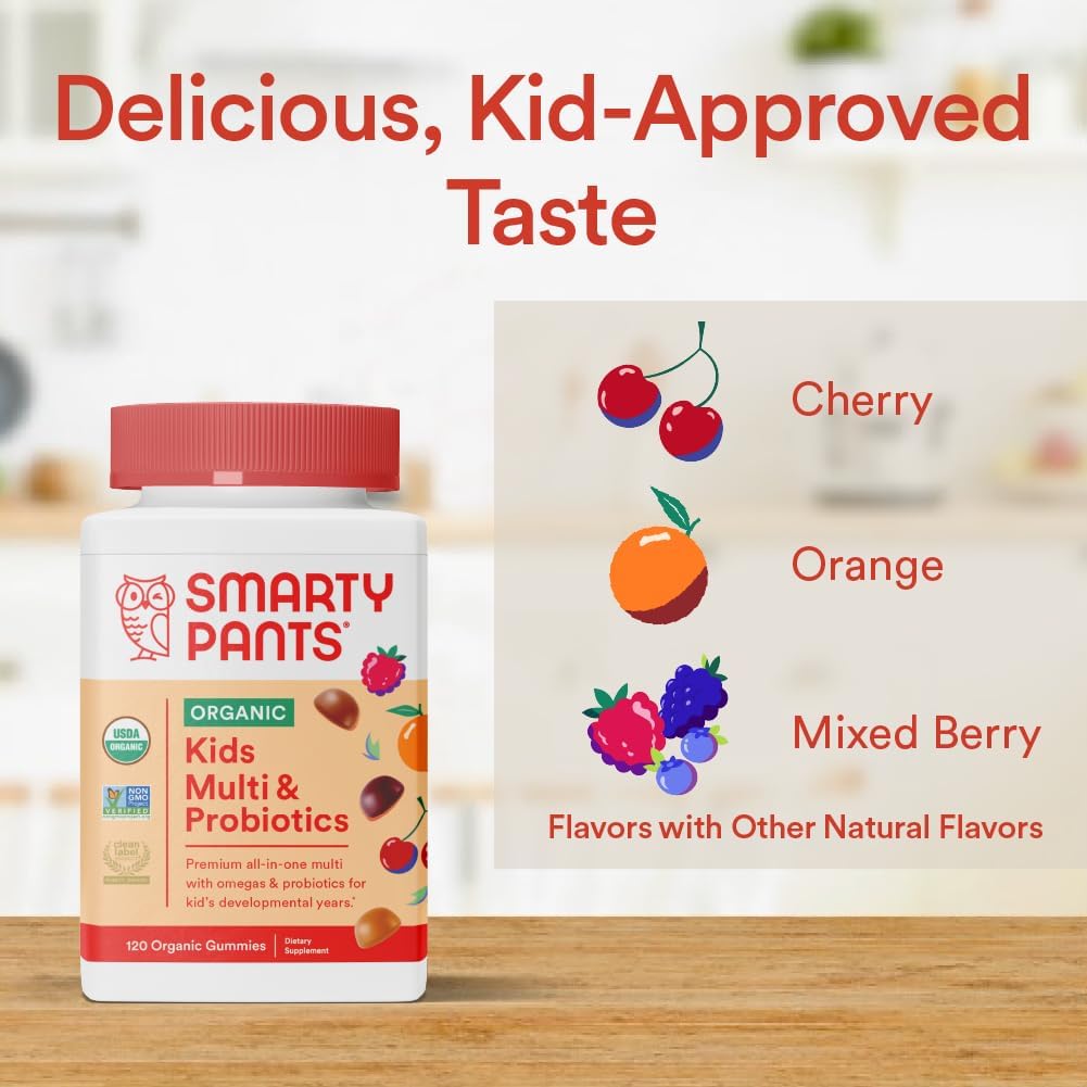SmartyPants Organic Kids Multivitamin Gummies: Probiotics, Omega 3 (ALA) Three Fruit Flavors, 120 Count