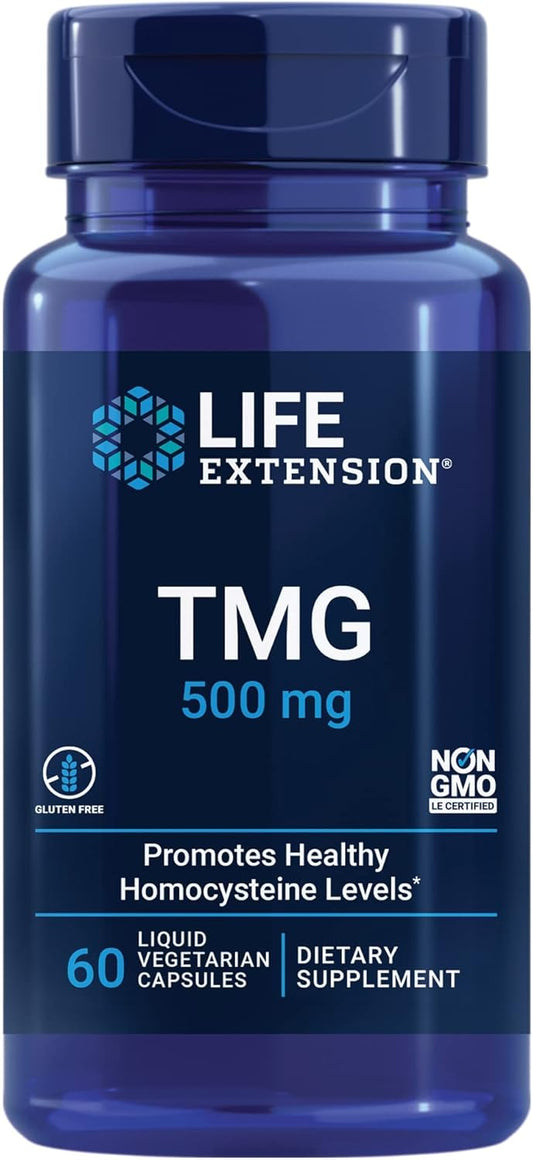 Life Extension TMG 500 mg – Trimethylglycine Supplement – Encourages Healthy Homocysteine Levels – Gluten-free – Non-gmo – Vegetarian – 60 Liquid Vegetarian Capsules