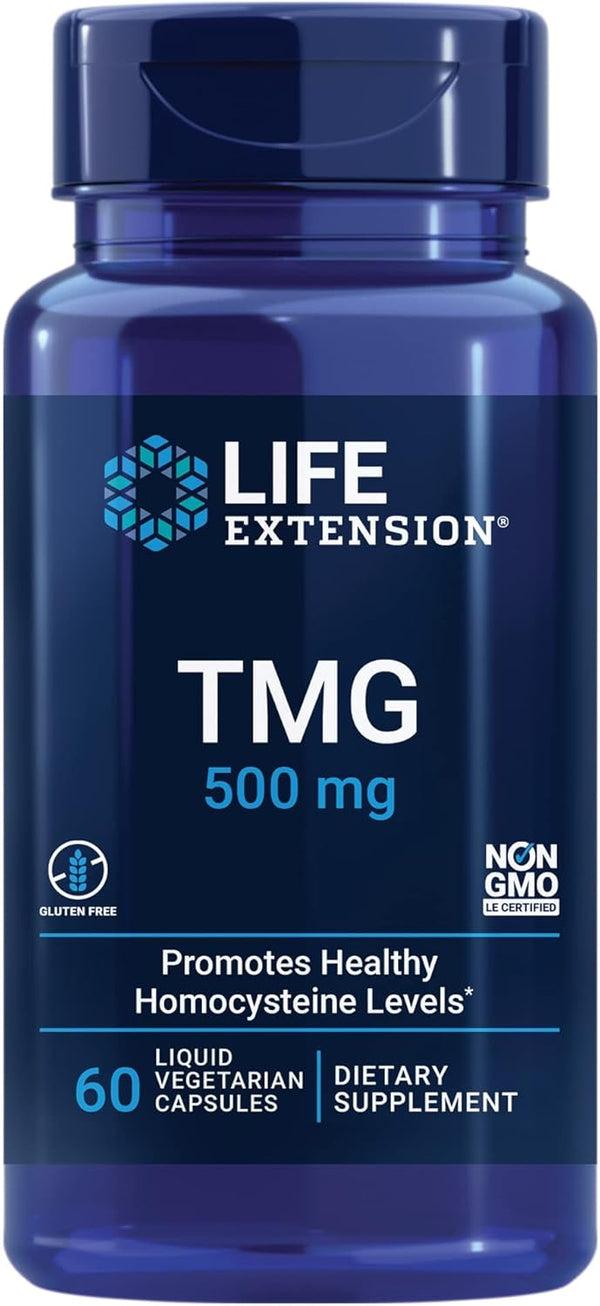Life Extension TMG 500 mg – Trimethylglycine Supplement – Encourages Healthy Homocysteine Levels – Gluten-free – Non-gmo – Vegetarian – 60 Liquid Vegetarian Capsules Life Extension