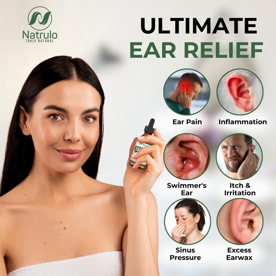 Natrulo Organic Ear Oil for Ear Infections Natural Eardrops for Infection Prevention, Swimmer's Ear & Wax Removal Adults, Baby, Children, Pets Earache Remedy with Mullein, Garlic, Calendula, Made in USA.