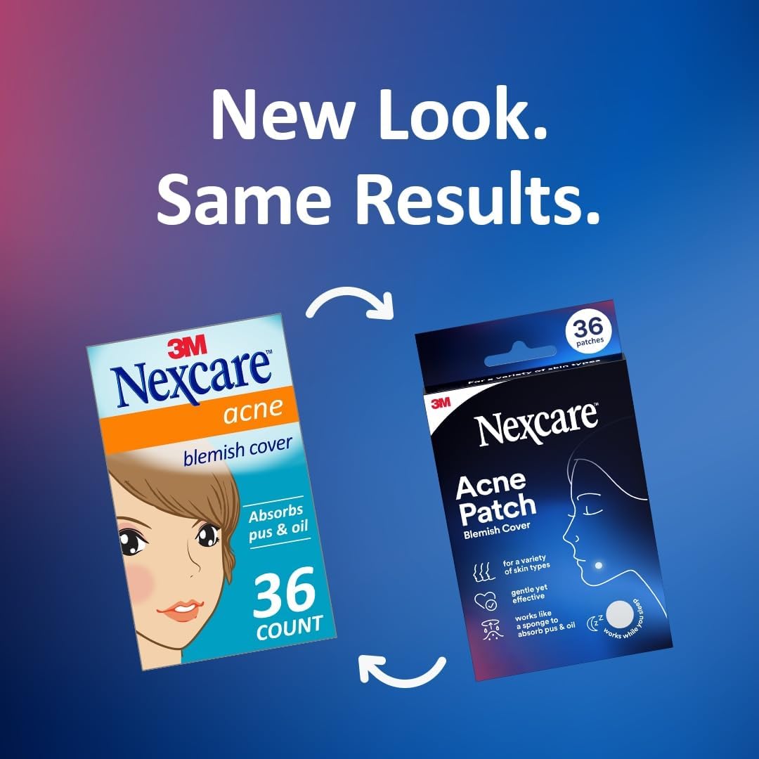Nexcare Acne Absorbing Cover, Acne, Pimple, Zit Patch, Protective cover for blemishes, Visibly indicates that it is working, 108-count, two sizes