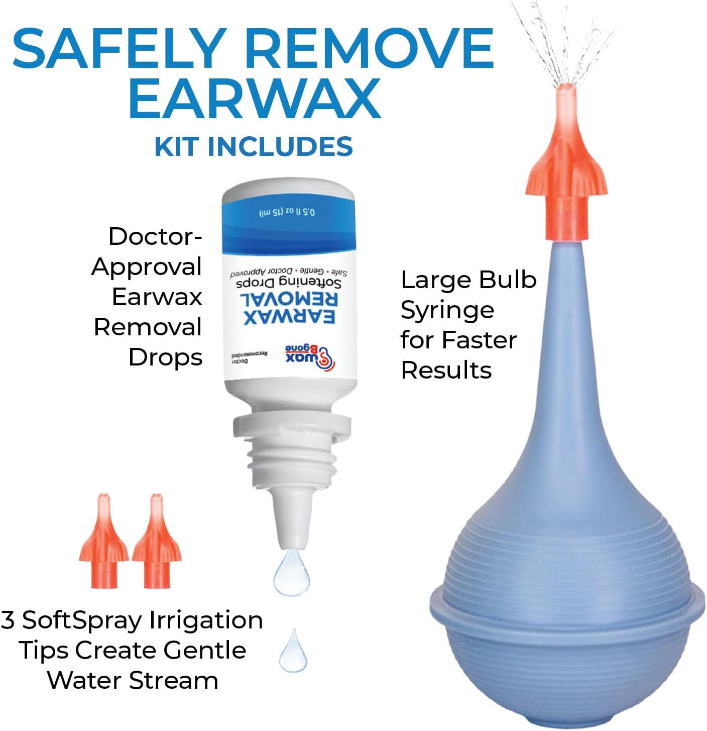 WaxBgone Earwax Removal Kit with Drops & Large 2-oz Ear Bulb Syringe - Safe & Effective Ear Cleaning Kit for Adults & Kids - Wax Softening Formula Loosens Earwax with Gentle Foaming Action - 0.5 Oz