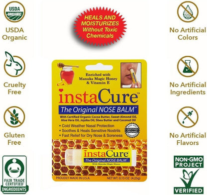 Fast Relief for Cracked, Dry and Sore Noses! InstaCure's Original Nose Balm with Raw Manuka Honey, Plus Coconut Oil, Shea Butter and Other Certified Organic Ingredients. Great Topical for Dogs' Noses!