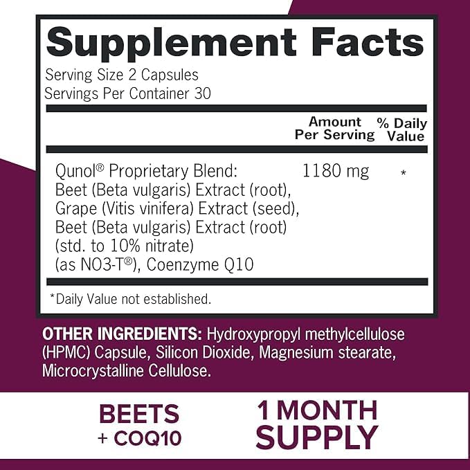Qunol Blood Pressure Support, 3 in 1 Beets + CoQ10 + Grape Seed Extract, 60 Count