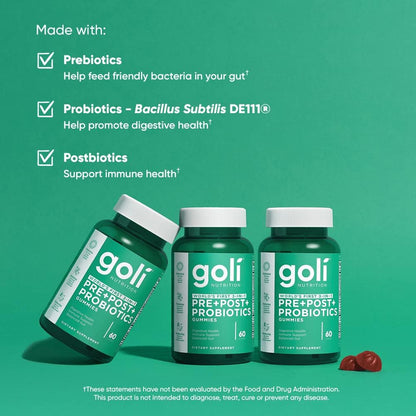 Goli Pre + Post + Probiotics Gummies - 60 Count - World’s First 3-in-1 Gluten-Free, Vegan, Non-GMO, and Gelatin-Free.